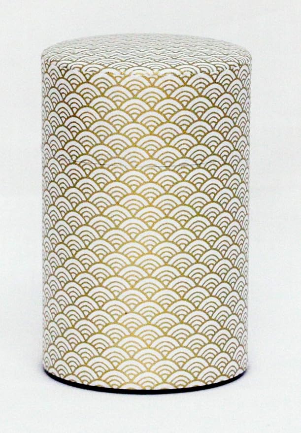 Washi Paper Tea Tin Canister: Long 3.5oz (100g) White Waves with Gold Outlines (#1), Japan