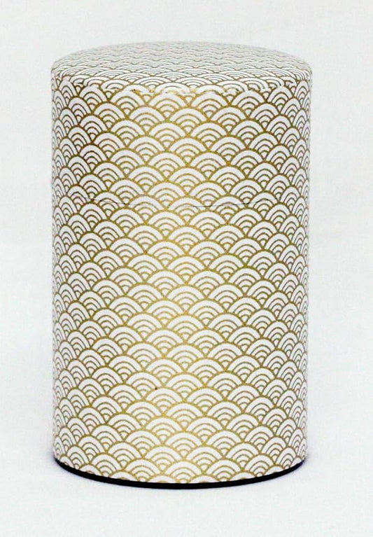 Washi Paper Tea Tin Canister: Long 3.5oz (100g) White Waves with Gold Outlines (#1), Japan