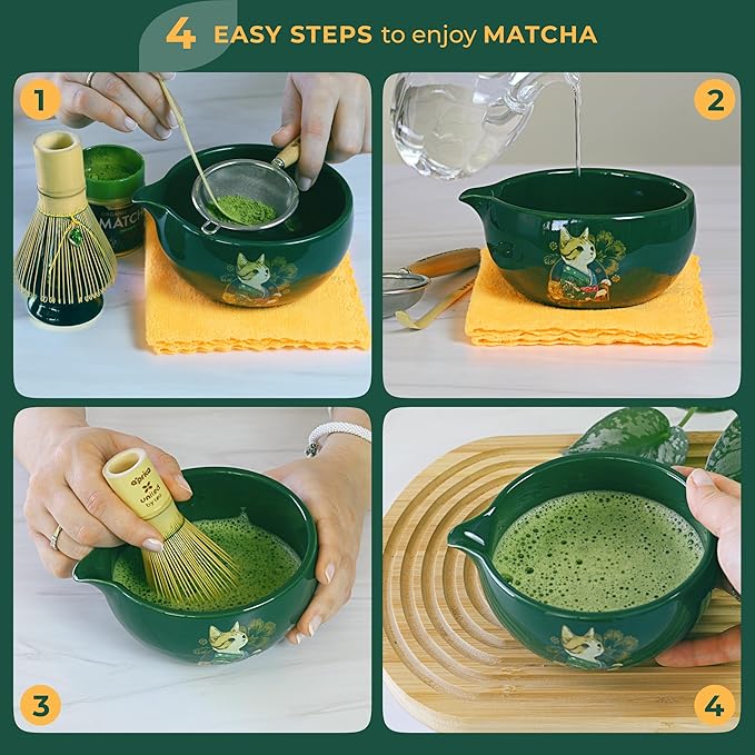 Matcha Gift Set 6 Pcs – Ceramic Bowl, Bamboo Whisk, Whisk Holder, Scoop, Sifter & Cloth – Traditional Japanese Set for Green Tea by Aprika Matcha (Green with Spout)