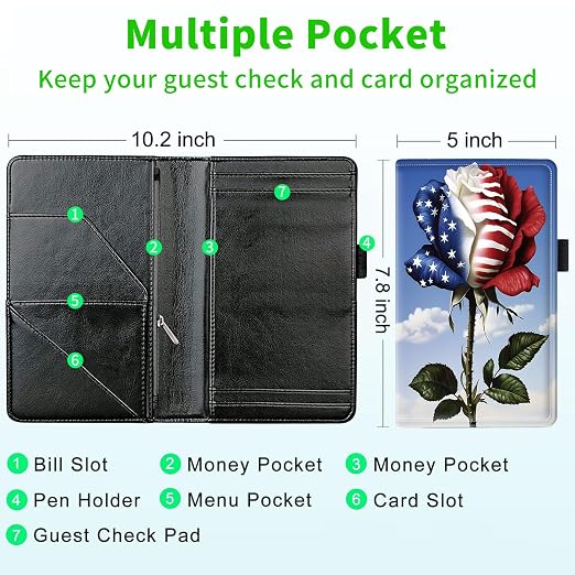 Server Books for Waitress, with 7 Large Pockets, Waiter Serving Book, Waitstaff Server Order Pads, Cute PU Leather Server Book with Pen Holder Fit Server Apron,USA Flag Rose - Image 3