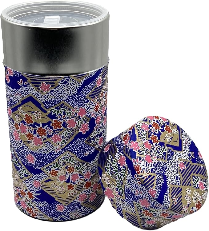 Japanese Tea Canister Tin Sakura Blizzard on a Rhombus Pattern Blue/Double Lid/Japanese YUZEN Washi Paper Pasted /200g Tea Capacity/Loose Leaf Tea Storage/Storage Container with Lid