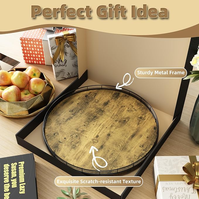 Lazy Susan Turntable Organizer for Table Top, 18’’ Round Wooden Lazy Susan for Cabinet Kitchen Countertop Pantry Dining Coffee Table for Condiments Spices, Rustic Bathroom Vanity Tray for Soap Candle - Image 6