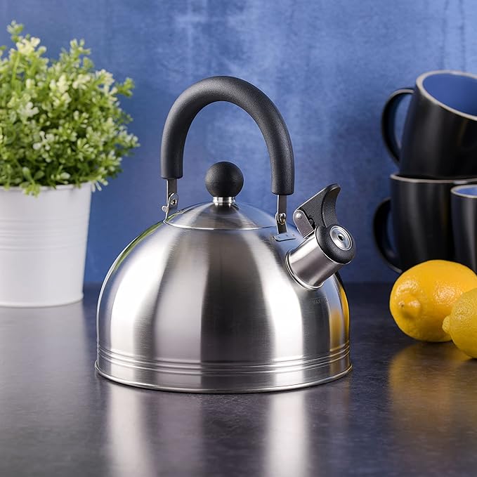 Mr. Coffee Carterton Stainless Steel Whistling Tea Kettle – 1.5-Quart Capacity, Mirror Polish Finish, Durable Tea Kettle for Stovetop, Fast Boiling, Easy Pouring (Pack of 6)