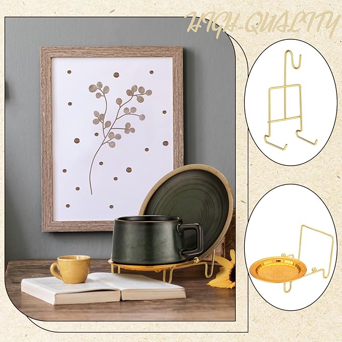 4 Pcs Tea Cup Display Stand Gold Metal Saucer Racks Tea Cup Holder China Display Stand Picture Frames Book Card Mug Organizer Bowl Decorative for Kitchen Table Plate Art