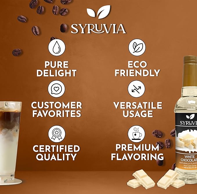 Syruvia Coffee Syrup, White Chocolate Flavored Syrup for Drinks, Lattes, and Desserts – 25.4 fl oz
