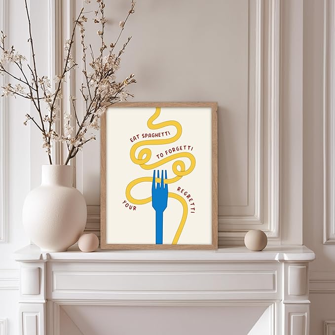 Poster Master Spaghetti Poster - Eat Spaghetti To Forgetti Your Regretti Print - Food & Drink Art - Gift for Chef, Cook - Fun Decor for Restaurant, Kitchen, Dining Room, 11x14 Beige Framed