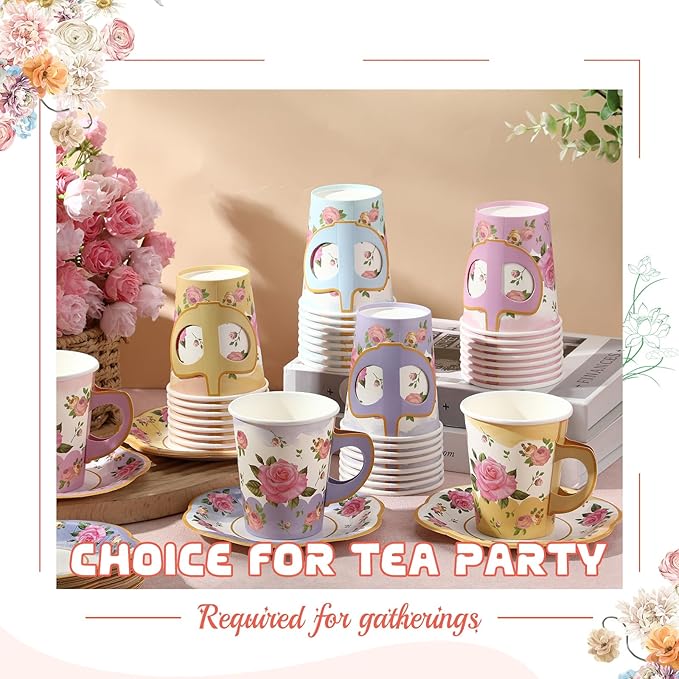 36 Sets Tea Party Decorations 9 oz Floral Paper Tea Cups with Handle and Plates Disposable Blossom Teacups and Saucers Sets for Girls Kids Birthday Garden Wedding Party Supplies(Gradient Mixed Color)