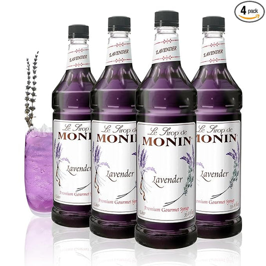 Monin - Lavender Syrup | Aromatic & Floral, Premium Syrup for Cocktails, Lattes & More | Clean Label with No Artificial Flavors, No Artificial Preservatives (BPA Free Bottle, 1 Liter, 4-pack)