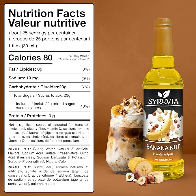 Syruvia Banana Nut Flavored Syrup for Drinks, Cocktails, Lemonades, Iced Teas and Desserts – 25.4 fl oz