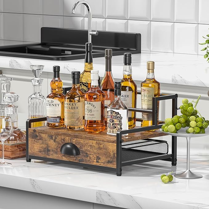 Coffee Syrup Rack Organizer, 3 Tier Countertop Storage Shelves with 35 K Cup Drawer, 8 Syrup Bottle Stand Holder for Wine, Kitchen Coffee Station Organizer Rack, Rustic Brown