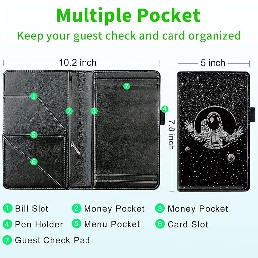 Server Books for Waitress, with 7 Large Pockets, Waiter Serving Book, Waitstaff Server Order Pads, Cute PU Leather Server Book with Pen Holder Fit Server Apron,Astronaut in Space - Image 3