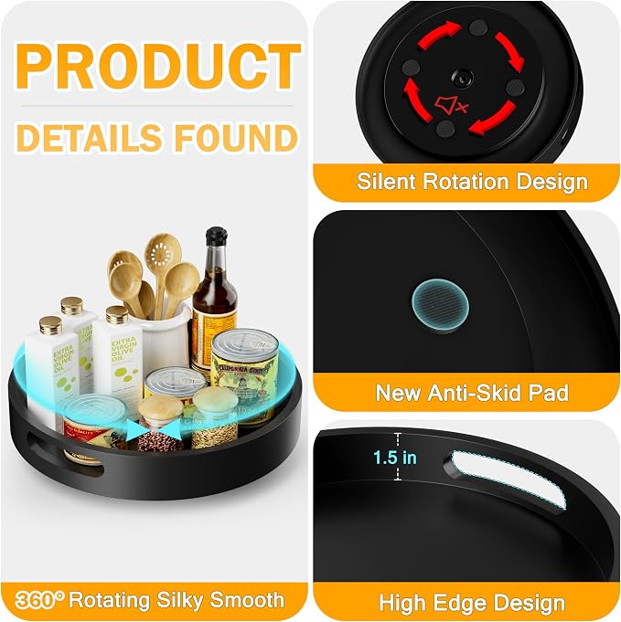Lazy Susan Organizer Homerays 12 Inch Non-Skid Bamboo Lazy Susan for Kitchen Rotating Spice Rack with Handles, Wood Turntable for Kitchen Cabinet,Countertop (Black, Medium) - Image 7