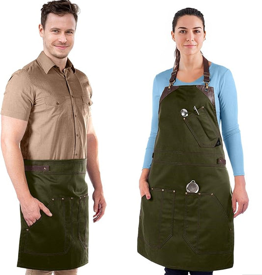 Under NY Sky Barista Apron - Brown Leather Straps and Reinforcement - Riveted Pockets - Double Stiched - Leather Ring Loop - Professional Green Twill - Double as Half Bistro Apron - Chefs, Bartender