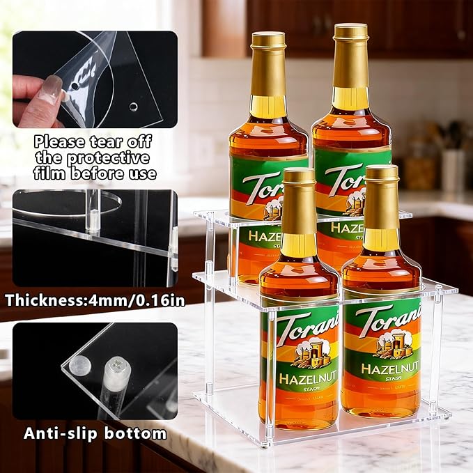 Acrylic Coffee Syrup Organizer, 2-Tier Coffee Station Organizer Holds 4 Syrup Bottles, Syrup Bottle Holder Stand Coffee Bar Accessories Kitchen Storage for Syrup,Wine,Condiments