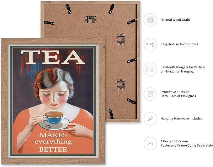 Poster Master Vintage Tea Makes Everything Better Print - Retro Food & Drink Poster - Positive Quotes Art - Gift for Women, Tea Lover - Decor for Kitchen, Teahouse - 8x10 Beige Framed