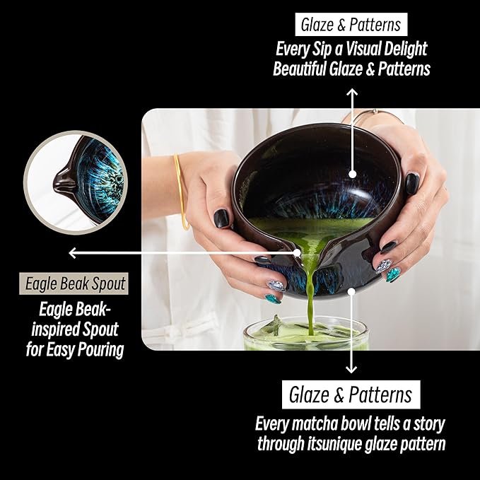 TEANAGOO 2 Pcs Matcha Bowl with Spout,Ceramic 17.2oz/510ml Matcha Bowl Set and Whisk Holder,Blue Matcha Chawan with Stand,Gift for Friend/Family,Green Tea Mixing Bowl