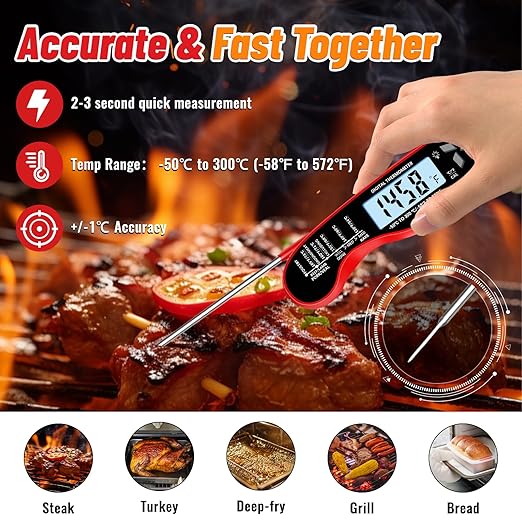 Meat Thermometer, IP67 Waterproof Digital Meat Thermometer with Backlight, Hold Function & Magnet for Grill, BBQ, Candy, Beef,Turkey