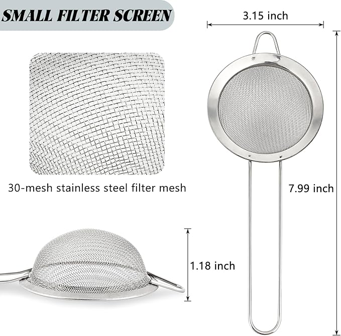 Fine Mesh Flour Sifter, Stainless Steel Mini Sieve for Baking, Ideal for Sifting Flour, Matcha, Tea, and Juices - 3.15in Diameter, Silver