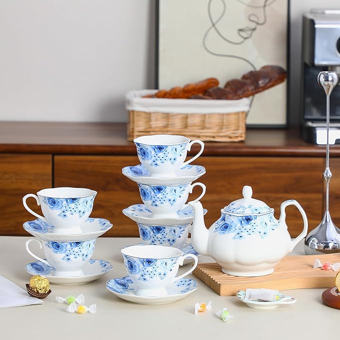 27oz Floral Porcelain Teapot with Blue Rose Pattern, Ceramic Small Teapot for Loose Leaf & Tea Bags, Dishwasher Safe, Classic Design for Daily Tea & Gift Giving