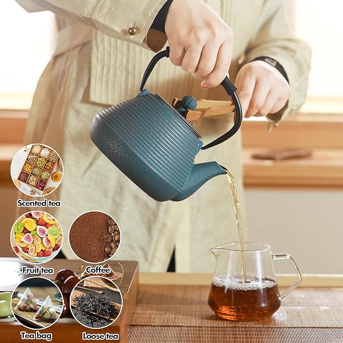 Cast Iron Teapot, 33oz Tea Kettle Stovetop Safe with Infuser for Tea & Coffee, Hand made Japanese Tea Pot Coated with Enameled Interior, Silicone Handle, 950ml Blue