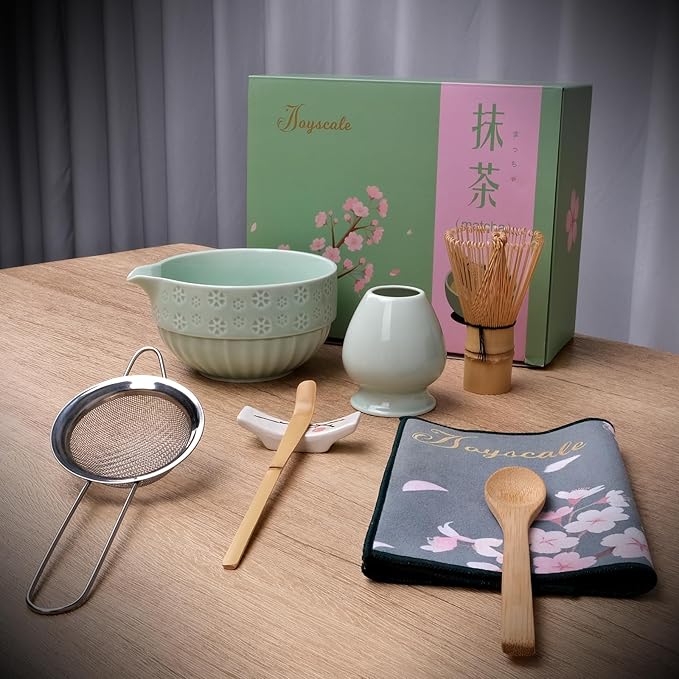 Joyscale Matcha Whisk Set, Matcha Set Whisk And Bowl, 8 Pcs Matcha Kit Set(Cherry Blossom Design), 18 OZ, Japanese Matcha Tea Set, Matcha Making Kit Gifts for Tea Lovers(Mint Green)