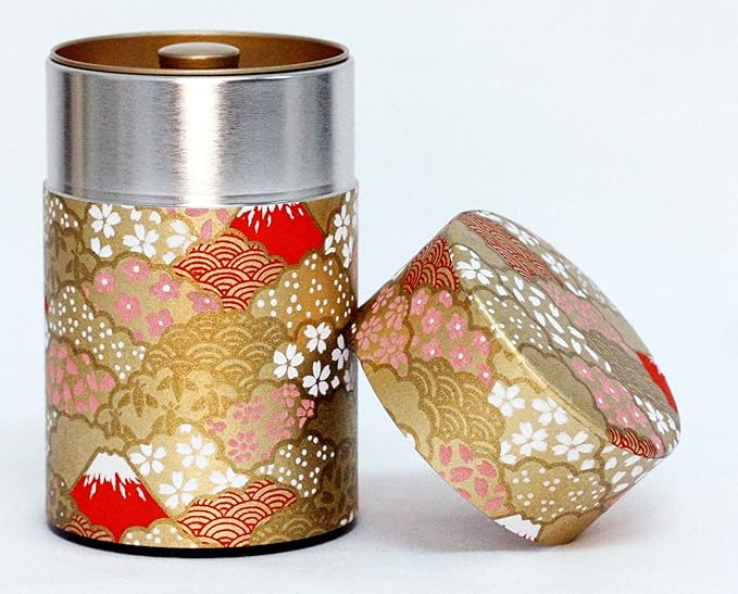 Washi Paper Tea Tin Canister: Long 3.5oz (100g) Mt. Fuji During The Sunset - Aka Fuji (#132), Japan