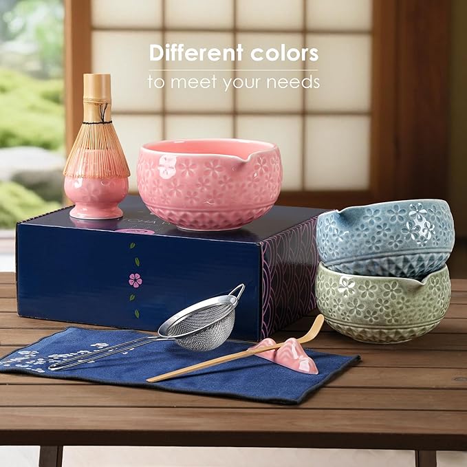 7Pcs Matcha Whisk Set, Matcha Set Whisk and Bowl,Bamboo Scoop, Scoop Rest, Sifter and Tea Towel, Matcha Kit W/Carved Cherry Blossm Pattern for Matcha Lovers (Sakura Pink)
