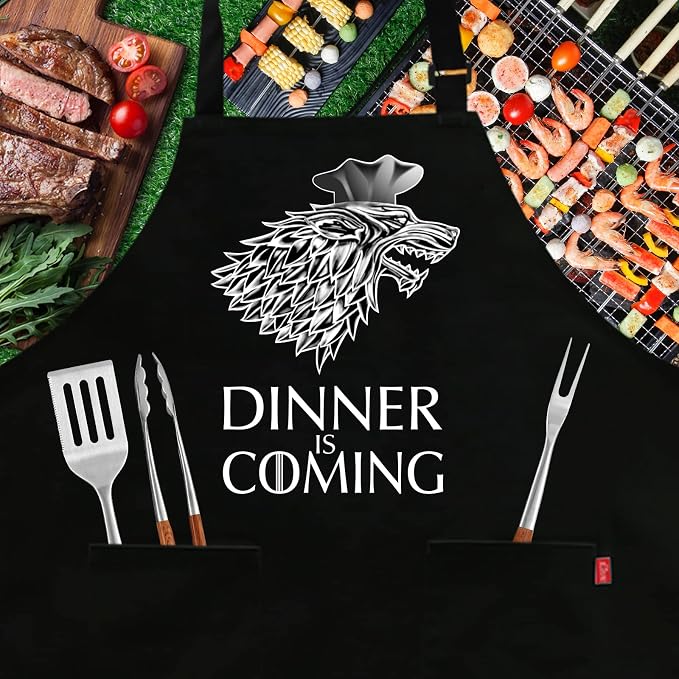 Grill Aprons for Men Women, Dinner is Coming Kitchen Chef Apron with 2 Pockets and 40" Long Ties, Adjustable Bib Apron for Cooking, BBQ, Baking, Gardening, Black - Image 2