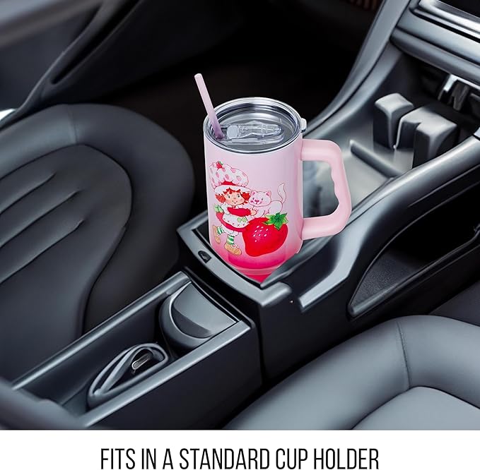 Silver Buffalo Strawberry Shortcake and Custard Vintage Berry Ombre Double Walled Stainless Steel Tumbler with Handle and Straw, Fits in Standard Cup Holder, 40 Ounces