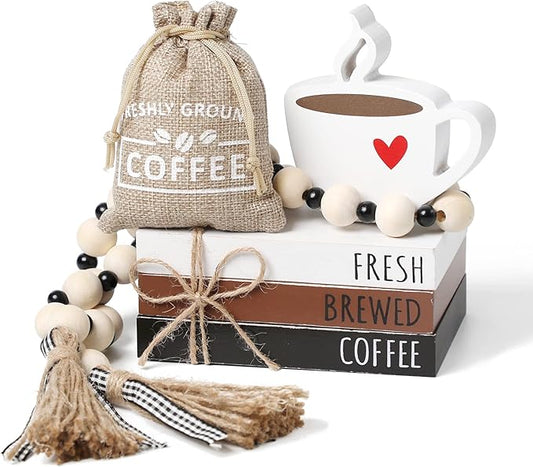 Coffee Bars Decor, 6 PCS Coffee Bar Decorations,Mini Wooden Book Stacks with Bead Garland, Coffees Bar Accessories for Tiered Tray,Table,Shelf,Rustic Farmhouse Home Decor