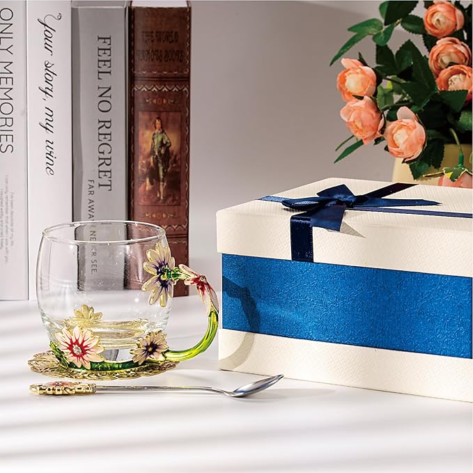 Flower Tea Cup ,Daisy Flower Clear Glass Fancy Coffee Cup with Spoon,Gift Box for Her Mom Wife Grandma Girls Friends Valentines Christmas Birthday Present Idea for Juice,Hot And Cold Drinks Use