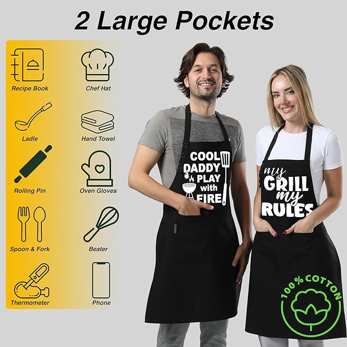TOSHE Funny Apron Waterdrop Resistant Cotton Apron with adjustable Aprons for Women with Pockets 12 Color option Cooking (Black - Cool Daddy Play with Fire)
