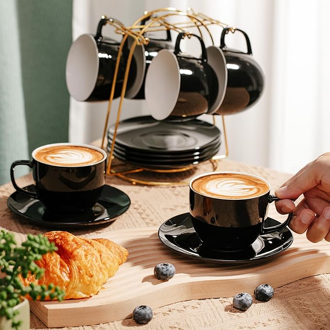BTaT- Cappuccino Cups with Saucers 8 oz, Set of 6, Black Porcelain Coffee Cup and Saucer Set for Latte, Mocha, Tea, Au Lait, Flat White, Dishwasher, Microwave, Freezer and Oven Safe