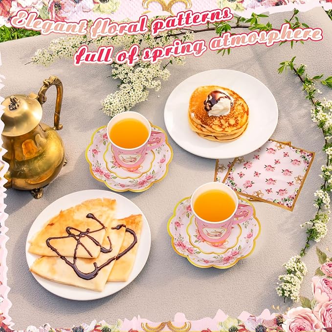 Vesici 150 Pcs Floral Tea Party Decorations for Table 9 oz Disposable Paper Tea Cups with Handles Plates, Saucers and Napkins Set for Spring Party Girl Birthday Wedding Mothers Day(Teapot)