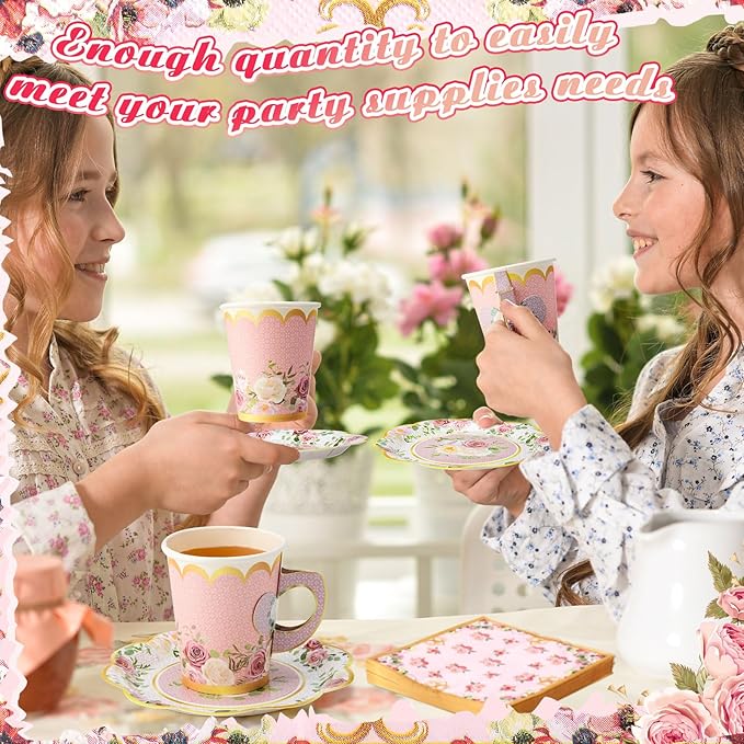 Vesici 150 Pcs Floral Tea Party Decorations for Table 9 oz Disposable Paper Tea Cups with Handles Plates, Saucers and Napkins Set for Spring Party Girl Birthday Wedding Mothers Day(Classic Style)