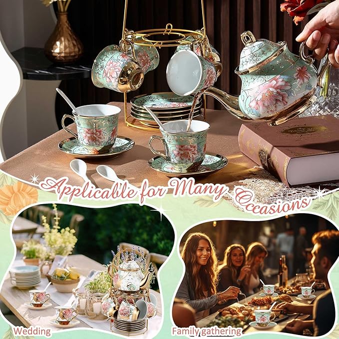 Zhehao 40 Pcs Porcelain Tea Set with Metal Holder and Spoon Adult Ceramic Tea Set European Flower Painting Teapot Cup Saucer Spoon for Women, Large Version (Fresh Style,Bright Style)