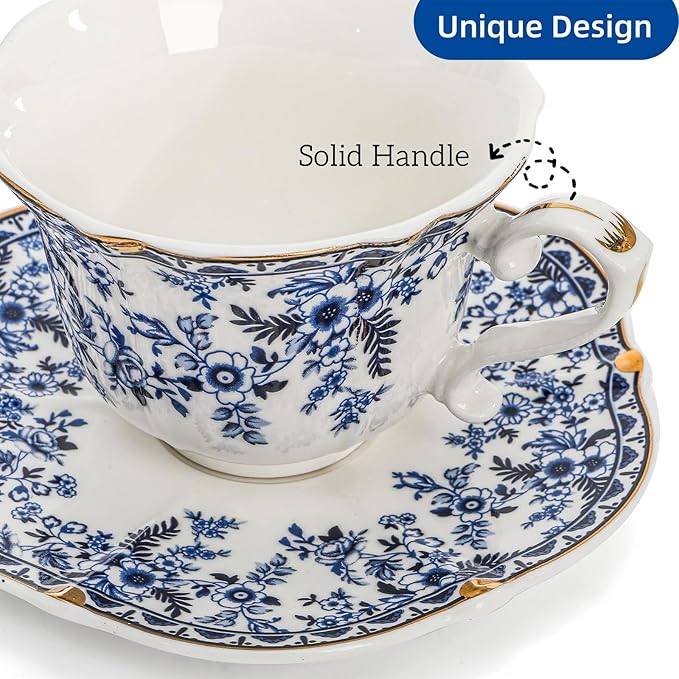 Porcelain Tea Cups and Saucers Set of 2, 6 Oz Vintage Country Roses Bone China Tea Cup with Gold Trim, Spoon, 6 Pieces Coffee Cappuccino Mugs for Women, Tea Parties, Wedding Gifts