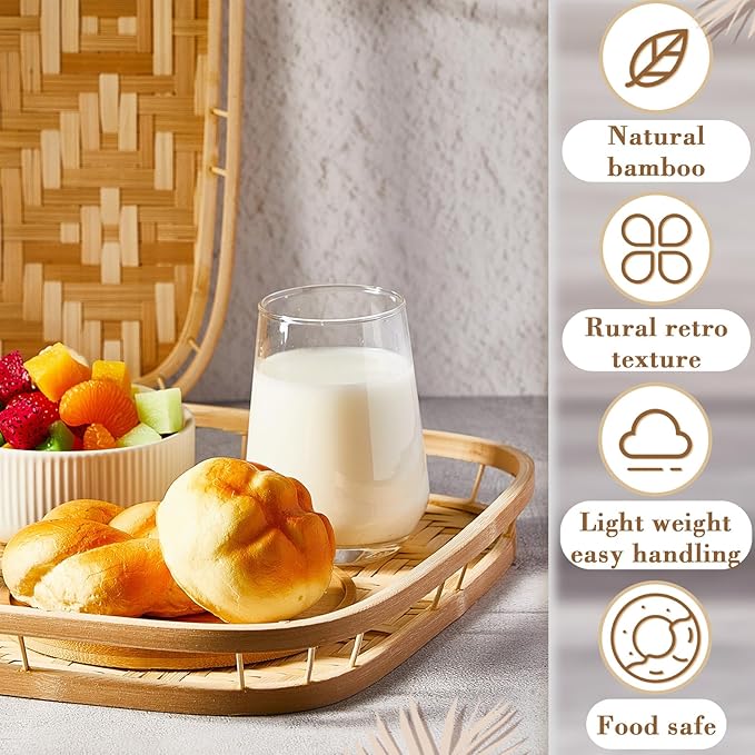 6 Pcs Bamboo Wicker Serving Trays 16.93 x 13 x 1.57 Inch Hand Woven Lap Trays for Eating Rectangular Flat Baskets Trays Decorative Bedroom Bed Tray for Eating Dinner Tray Fruit Snack Holder