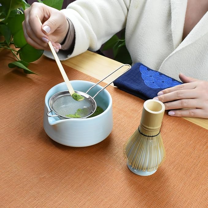 Artcome Matcha Tool Set - Complete Kit with Matcha Bowl with Spout, Bamboo Whisk, Tea Scoop, Whisk Holder, Scoop Holder, Tea Cloth & Powder Strainer, Celadon Blue