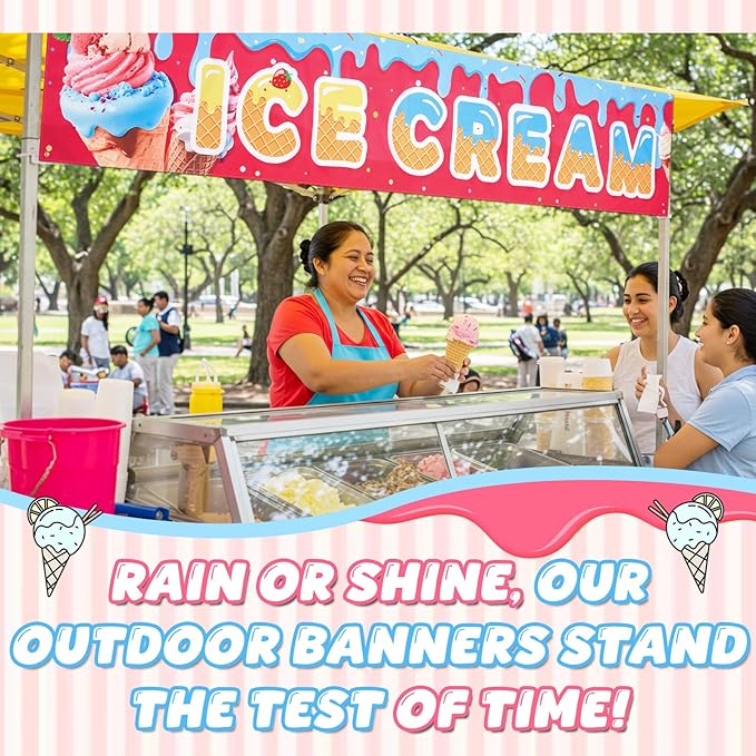 Tegeme Ice Cream Banners Sign 2 x 10 Feet Ice Cream Flag Oxford Fabric Banners with 10 Holes for Business Store Outside