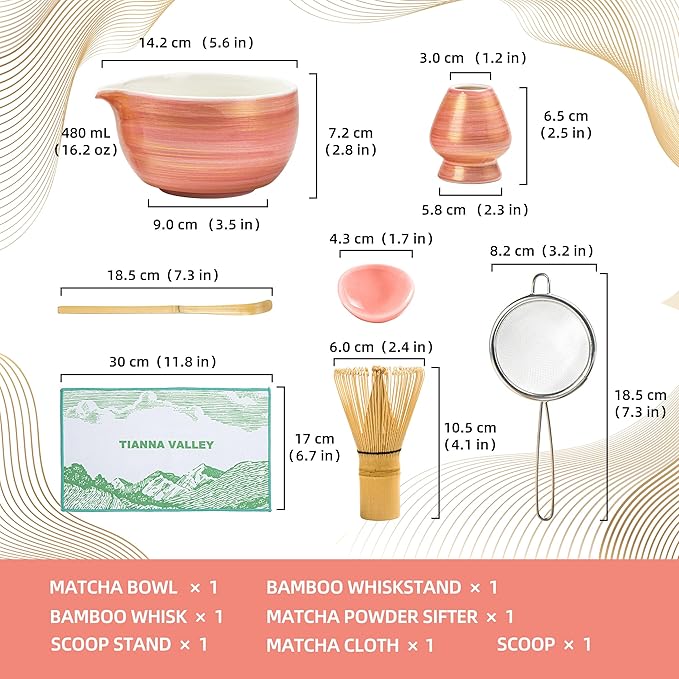 Matcha Whisk Set,7 Pcs Matcha Set Pink,Matcha Kit for Ceremony,480 Ml Ceramic Bowl(chawan) with Spout,Bamboo Whisk(100-prong) and Holder,Tradition Tea Set,Gift for Matcha Lovers