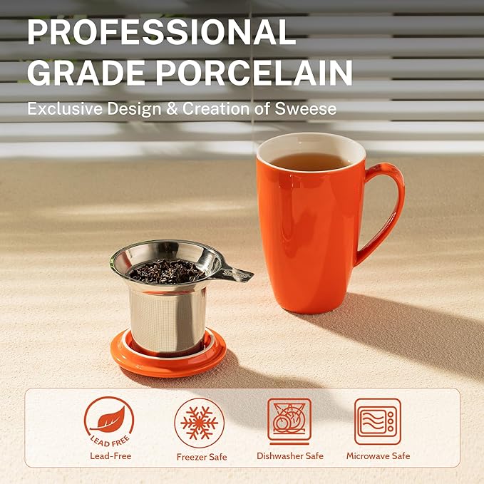 Sweese 15oz Porcelain Tea Mug with Infuser and Lid – Microwave Safe, Ergonomic Handle, Lead-Free Glaze, for Loose Leaf Tea