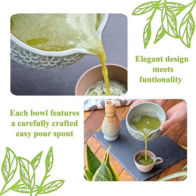 Matcha Whisk Set- Matcha Set includes Matcha Whisk and Bowl, Sifter, Holder and Scoop- The Perfect Bamboo Whisk for Matcha Tea (Blue Flowers)