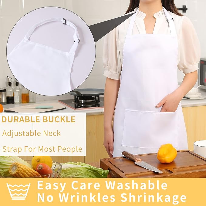 Tosewever 2 Pack Adjustable Bib Apron, Waterdrop Resistant Aprons with 2 Pockets Cooking Kitchen Restaurant Aprons for Women Men Chef, BBQ Drawing Crafting Outdoors (Polyester-White, 2) - Image 4