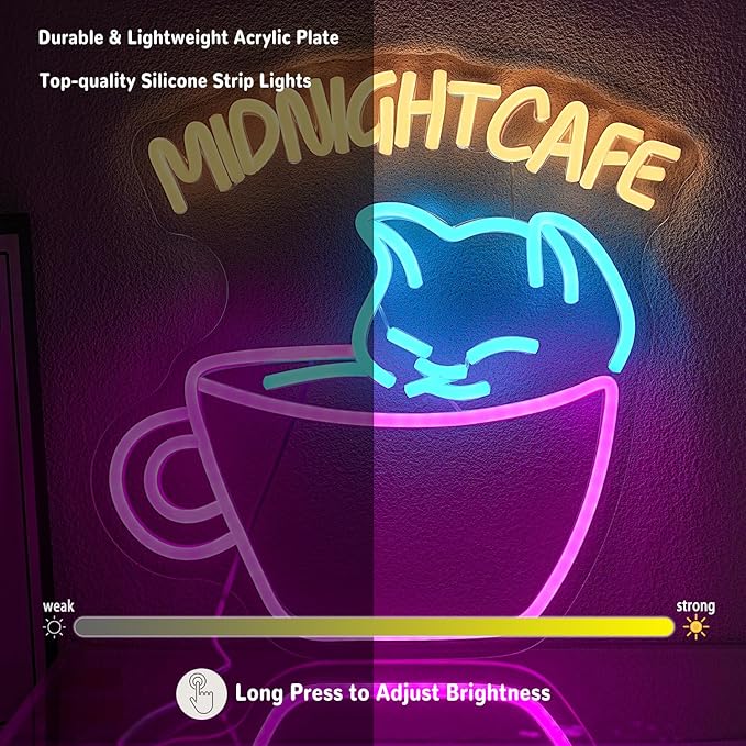 Coffee Neon Sign for Wall Decor Cat Neon Light Midnight Cafe Led Neon Signs Colorful LED Neon Lights for Coffee Shop Dessert Shop Bakery Cafe Dcoration
