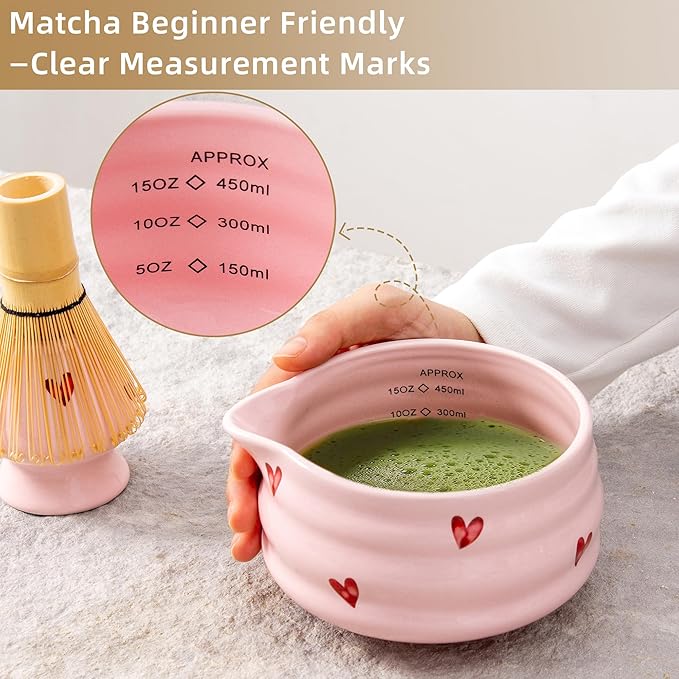2pcs Matcha Bowl with Whisk Holder, Ceramic Pink Matcha Bowl with Spout, 16.5OZ Porcelain Bowl with Measurement Marks, Tea Mixing Bowl with Whisk Stand, Cute Valentine Gift (pink love)