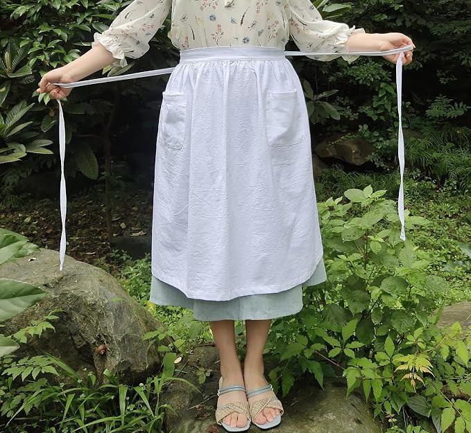 Unisex Chef Aprons White Retro Cotton Maid Short 2 Pockets Waist Waiter Waitress Half Apron - Image 8