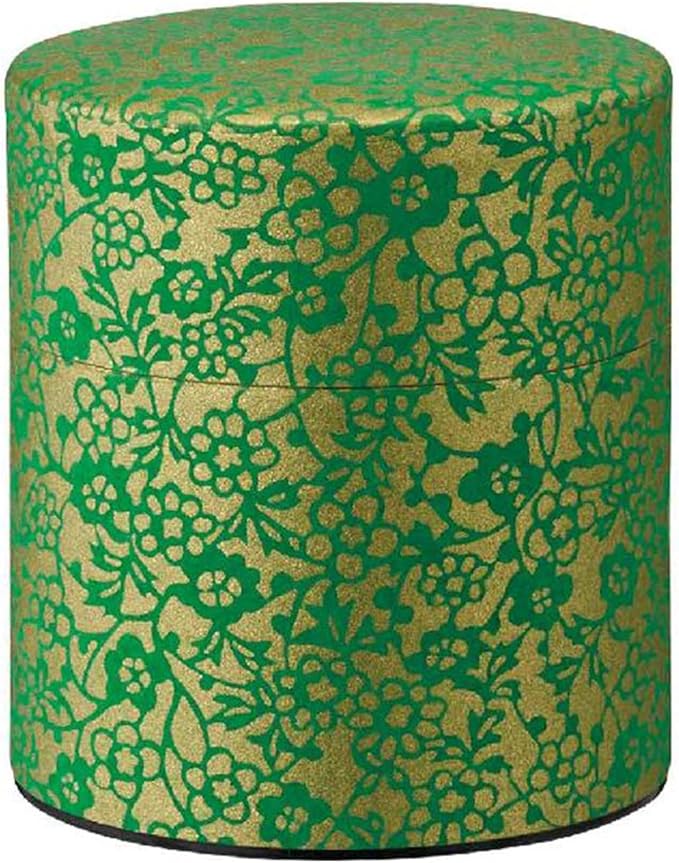 Washi Paper Tea Tin Canister: Wide 3.5oz (100g) Green and gold Flower & Ivy (#81), Japan