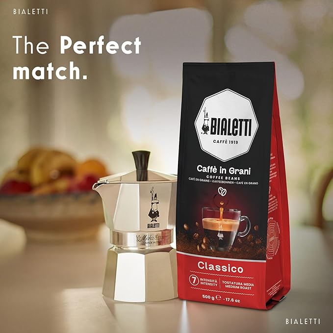 Bialetti Classico Coffee Beans, 500g Bag - Medium Roast Intensity 8, 50% Arabica 50% Robusta Whole Bean Blend - Sweet Floral & Dried Fruit Notes For Espresso, Cappuccino & Latte Machines & Moka Pots