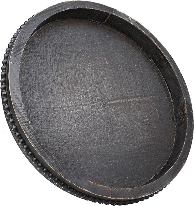 Round Wooden Serving Tray with Beads, Circle Vintage Black Wood Coffe Table Tray for Dining Room Table Centerpiece, Kitchen Counter